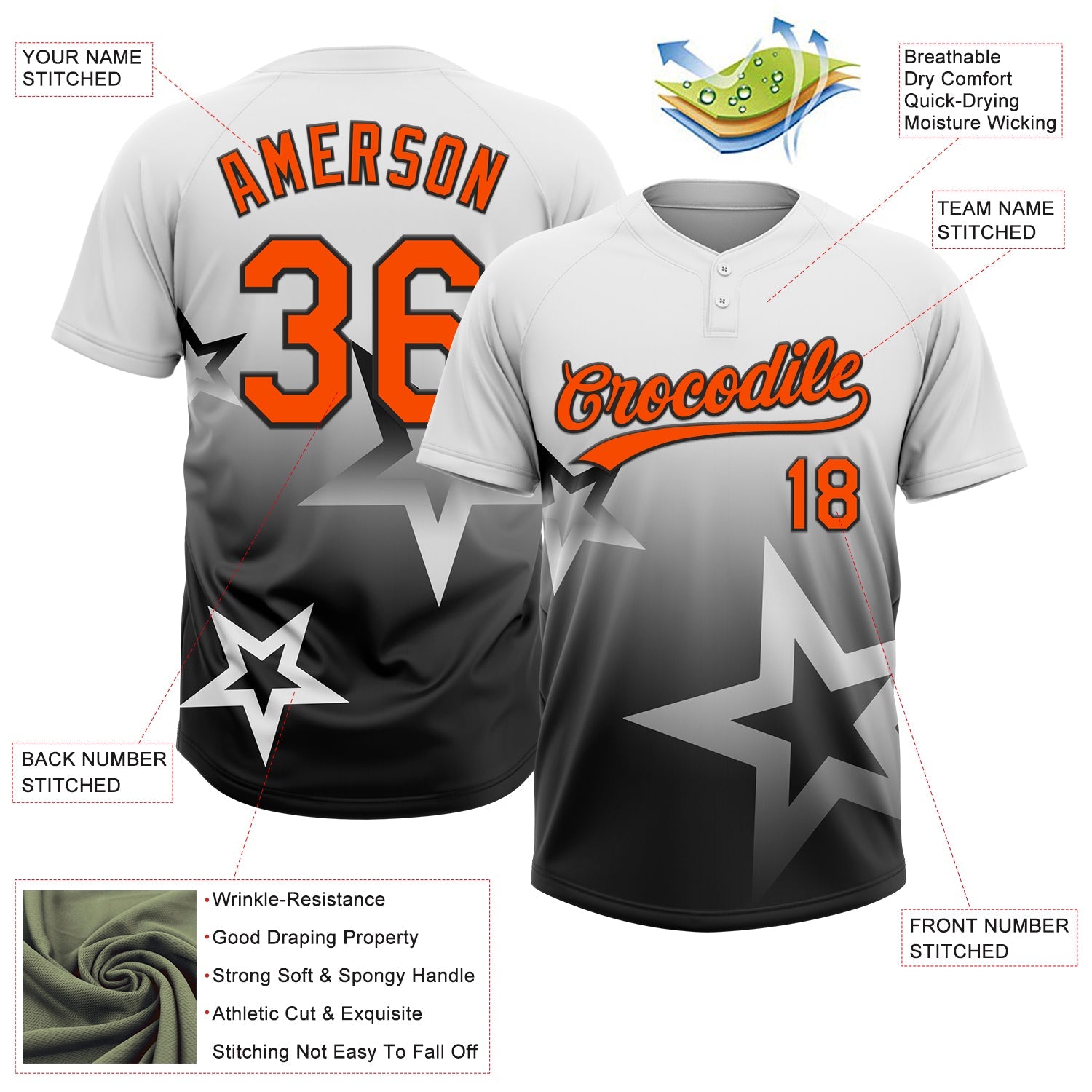 Custom White Orange-Black Gradient Style Twinkle Star Two-Button Unisex Softball Jersey view 3