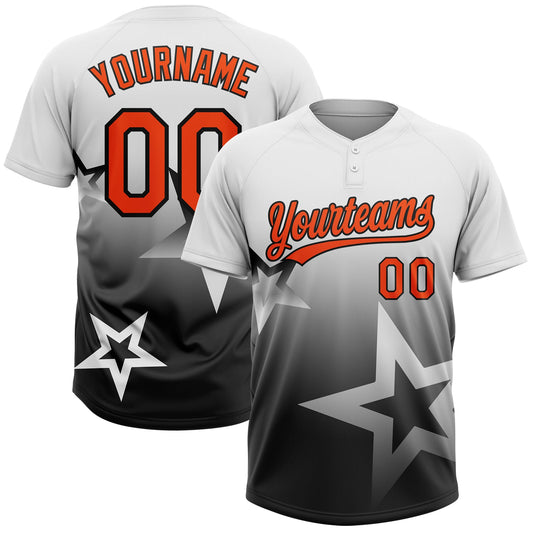 Custom White Orange-Black Gradient Style Twinkle Star Two-Button Unisex Softball Jersey - Main View