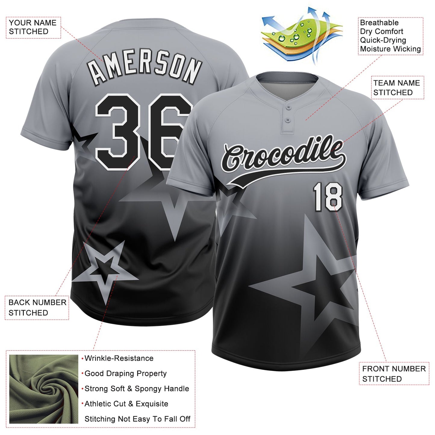 Custom Gray Black-White Gradient Style Twinkle Star Two-Button Unisex Softball Jersey view 3