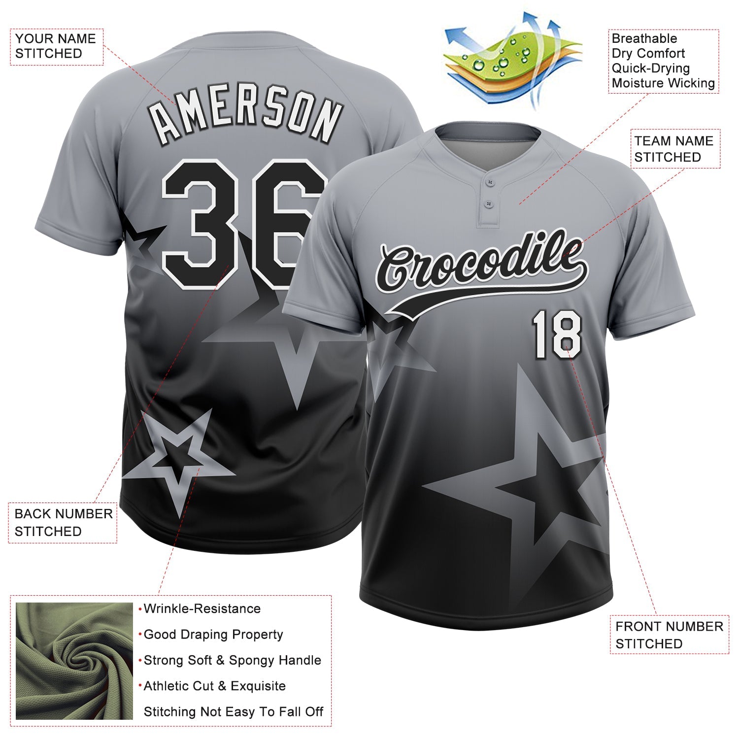 Custom Gray Black-White Gradient Style Twinkle Star Two-Button Unisex Softball Jersey view 3