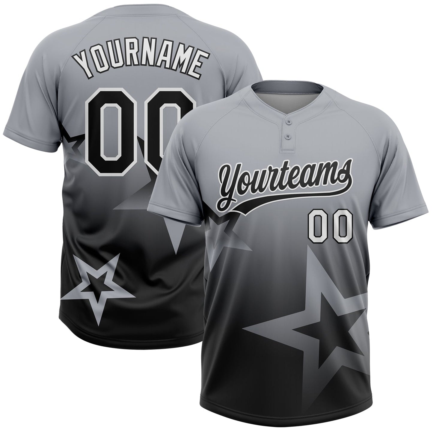 Custom Gray Black-White Gradient Style Twinkle Star Two-Button Unisex Softball Jersey - Main View