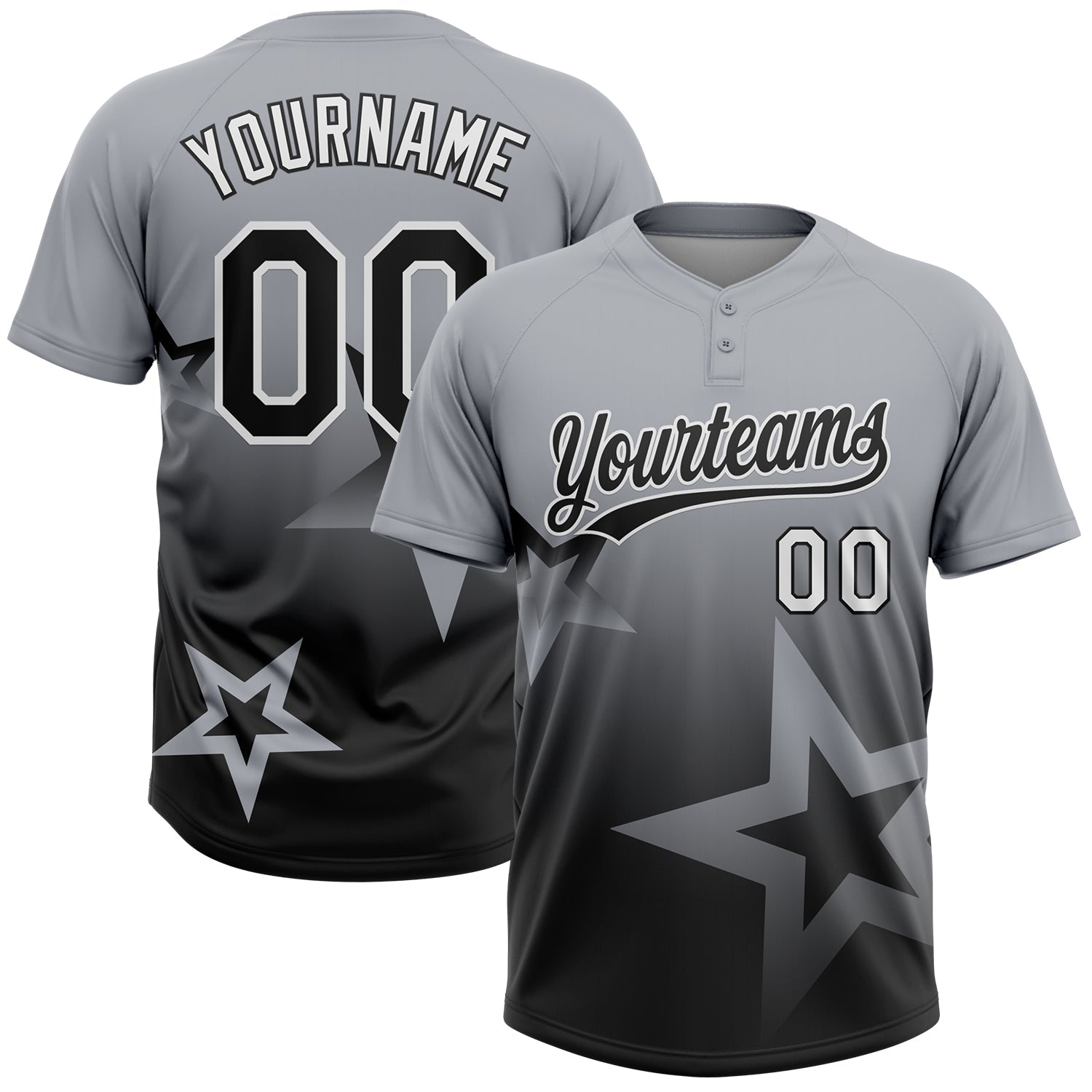 Custom Gray Black-White Gradient Style Twinkle Star Two-Button Unisex Softball Jersey - Main View