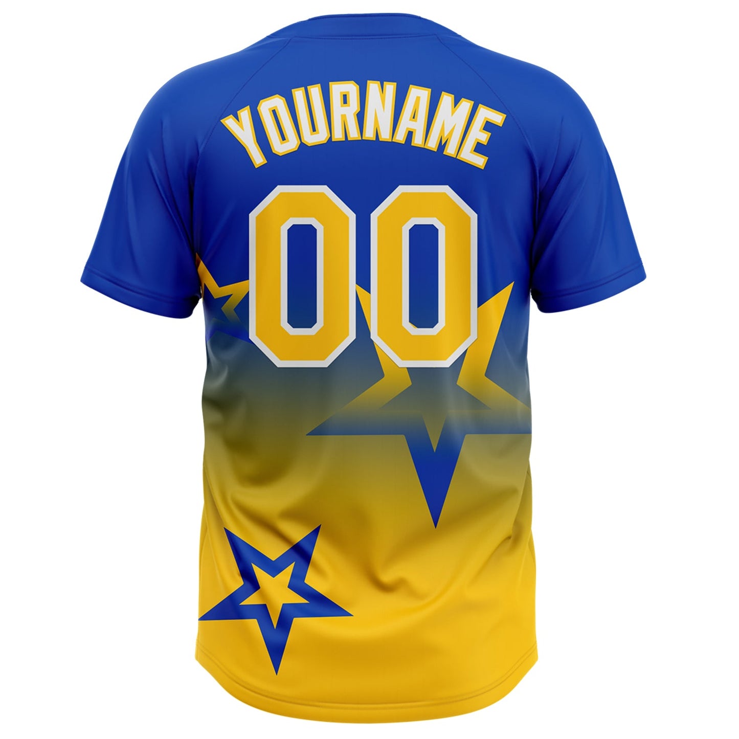 Custom Thunder Blue Yellow-White Gradient Style Twinkle Star Two-Button Unisex Softball Jersey view 2
