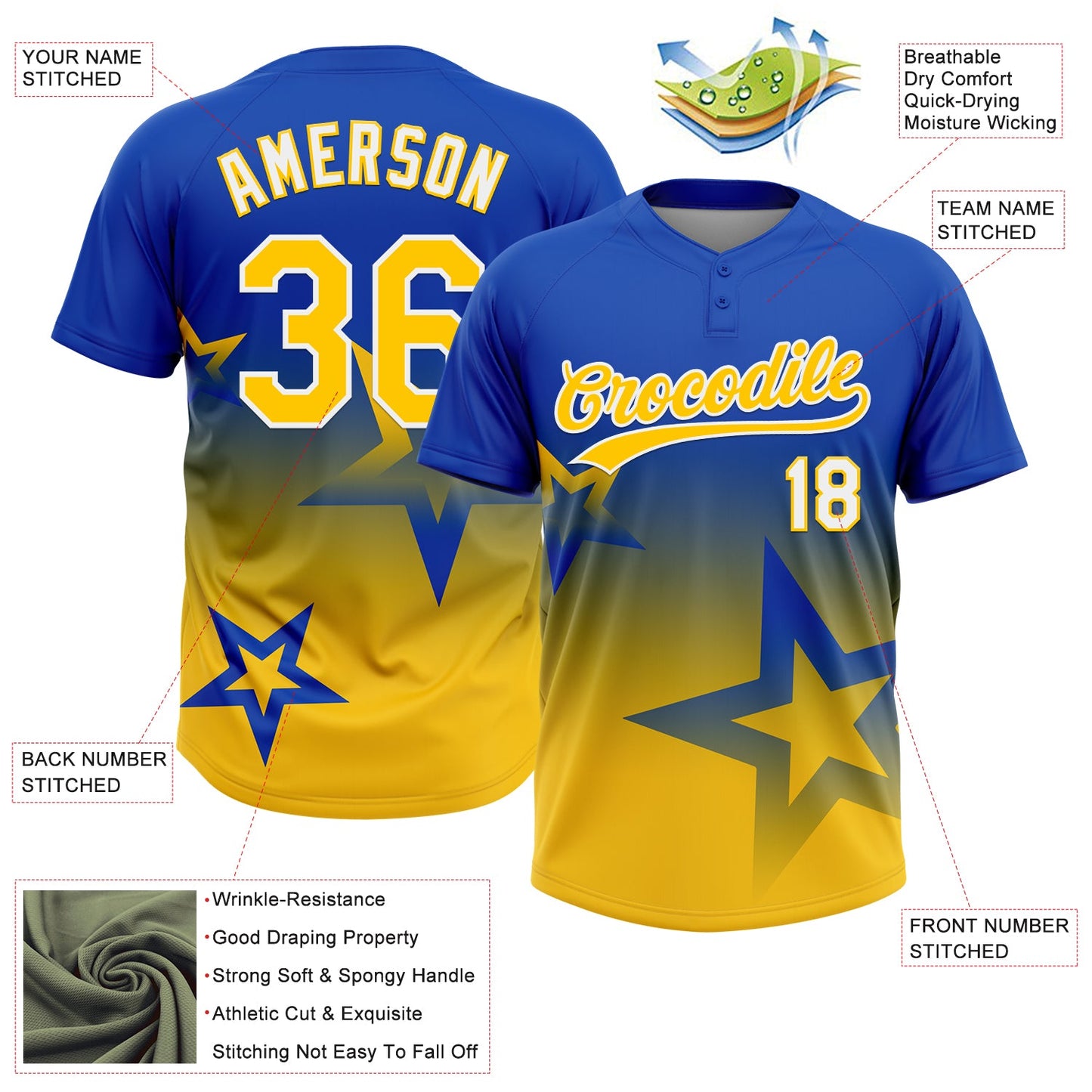 Custom Thunder Blue Yellow-White Gradient Style Twinkle Star Two-Button Unisex Softball Jersey view 3