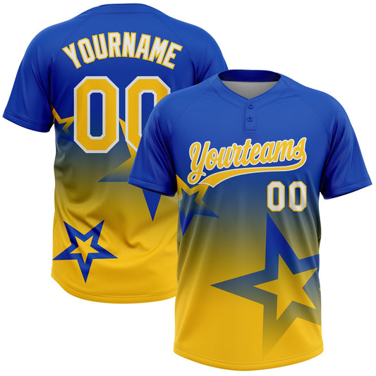 Custom Thunder Blue Yellow-White Gradient Style Twinkle Star Two-Button Unisex Softball Jersey - Main View