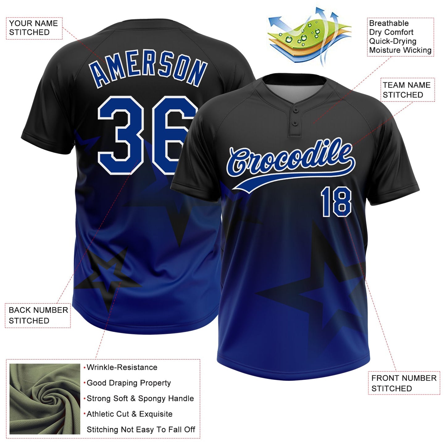 Custom Black Royal-White Gradient Style Twinkle Star Two-Button Unisex Softball Jersey view 3