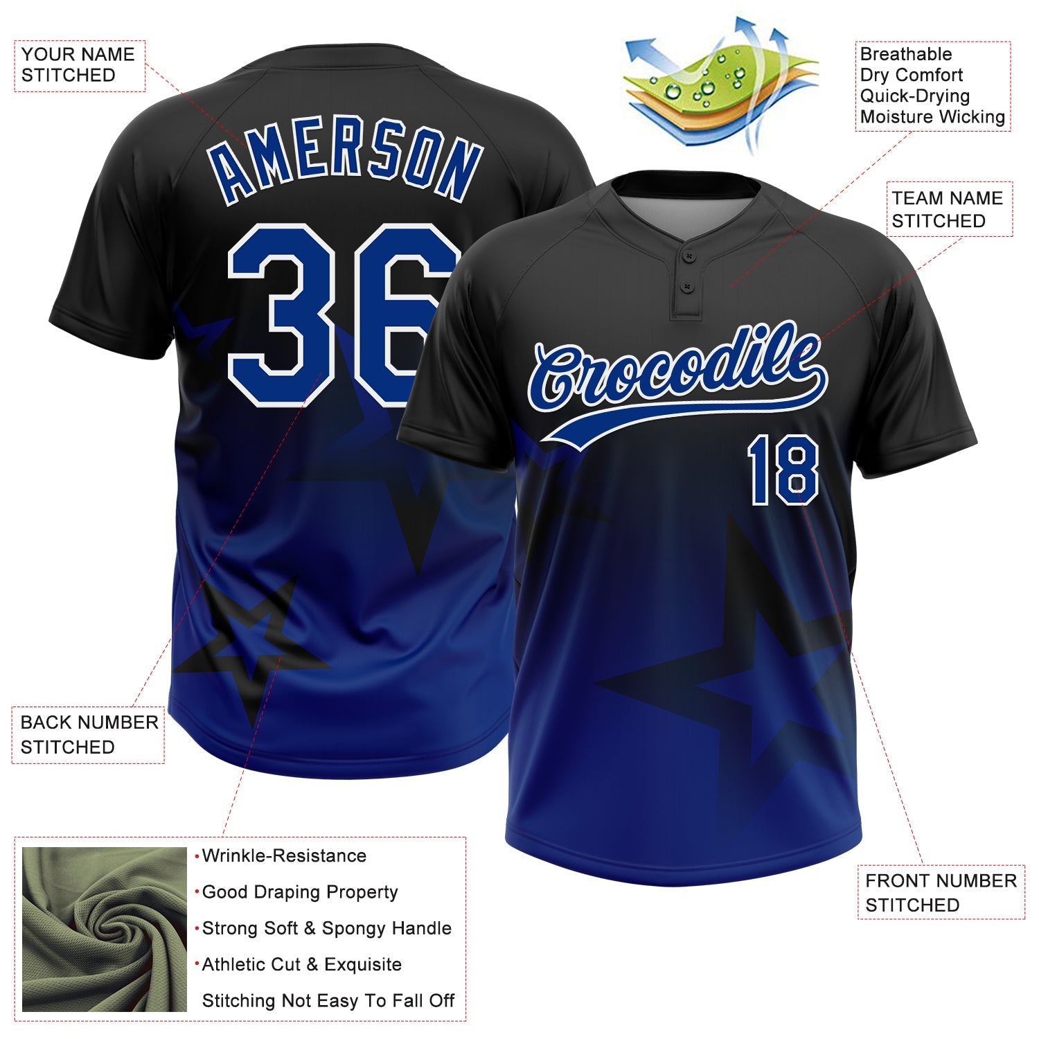 Custom Black Royal-White Gradient Style Twinkle Star Two-Button Unisex Softball Jersey view 3