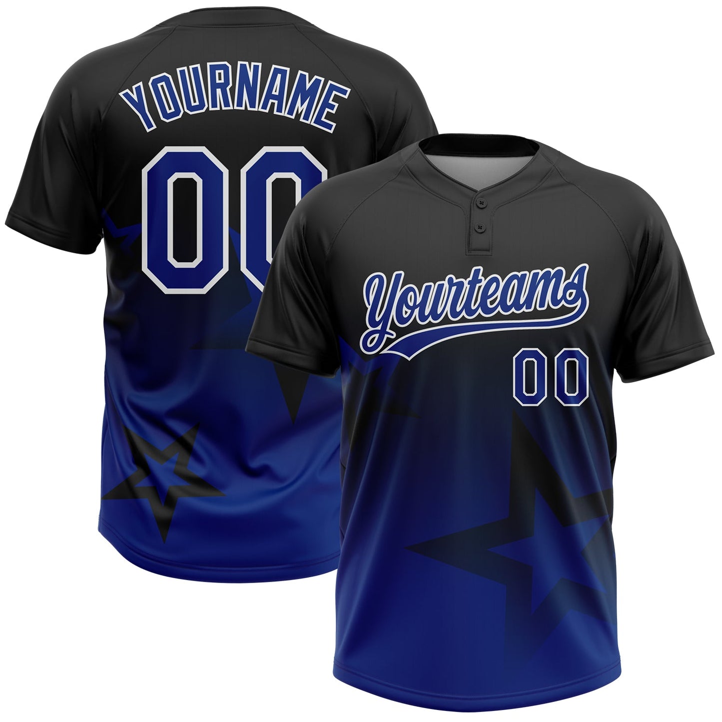 Custom Black Royal-White Gradient Style Twinkle Star Two-Button Unisex Softball Jersey - Main View
