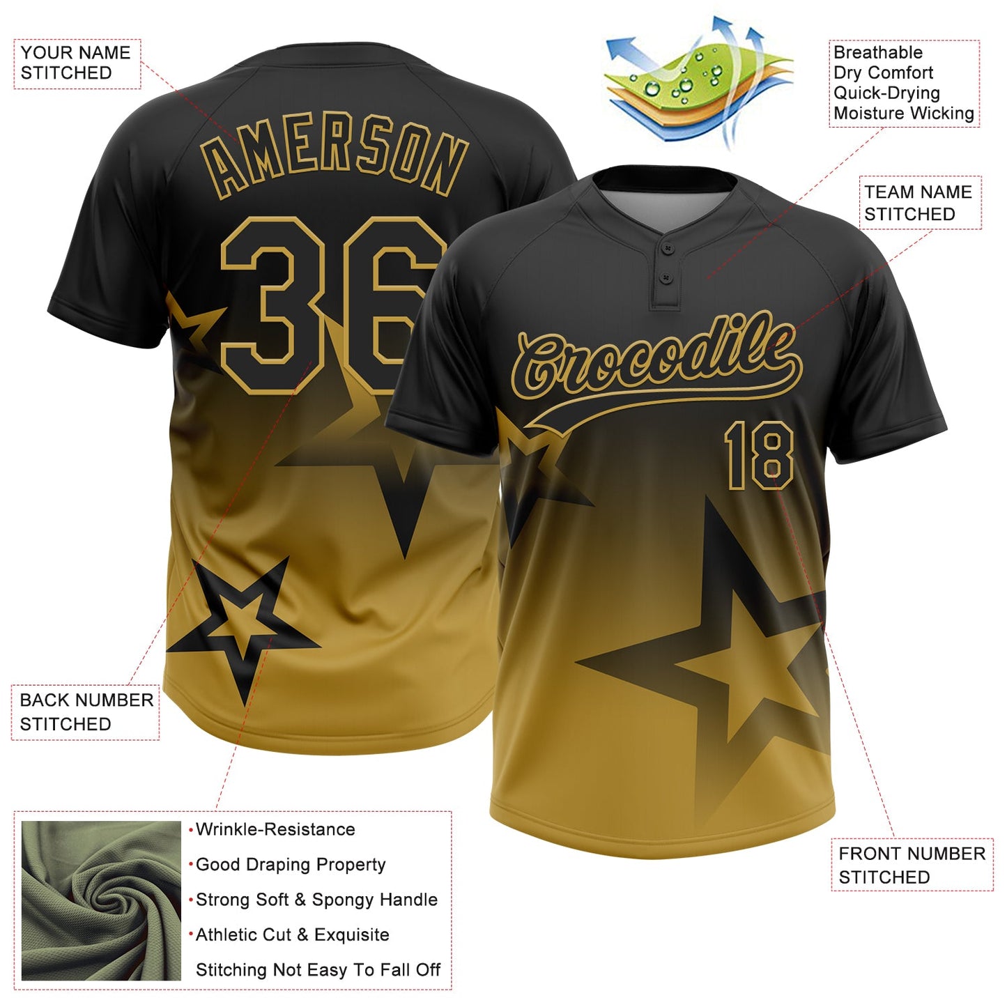 Custom Black Old Gold Gradient Style Twinkle Star Two-Button Unisex Softball Jersey view 3