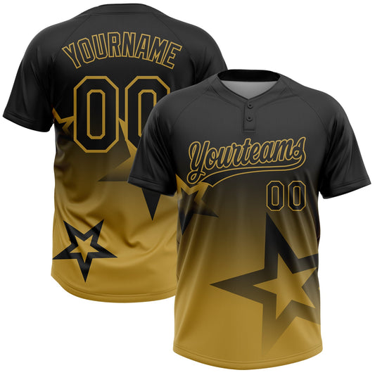 Custom Black Old Gold Gradient Style Twinkle Star Two-Button Unisex Softball Jersey - Main View