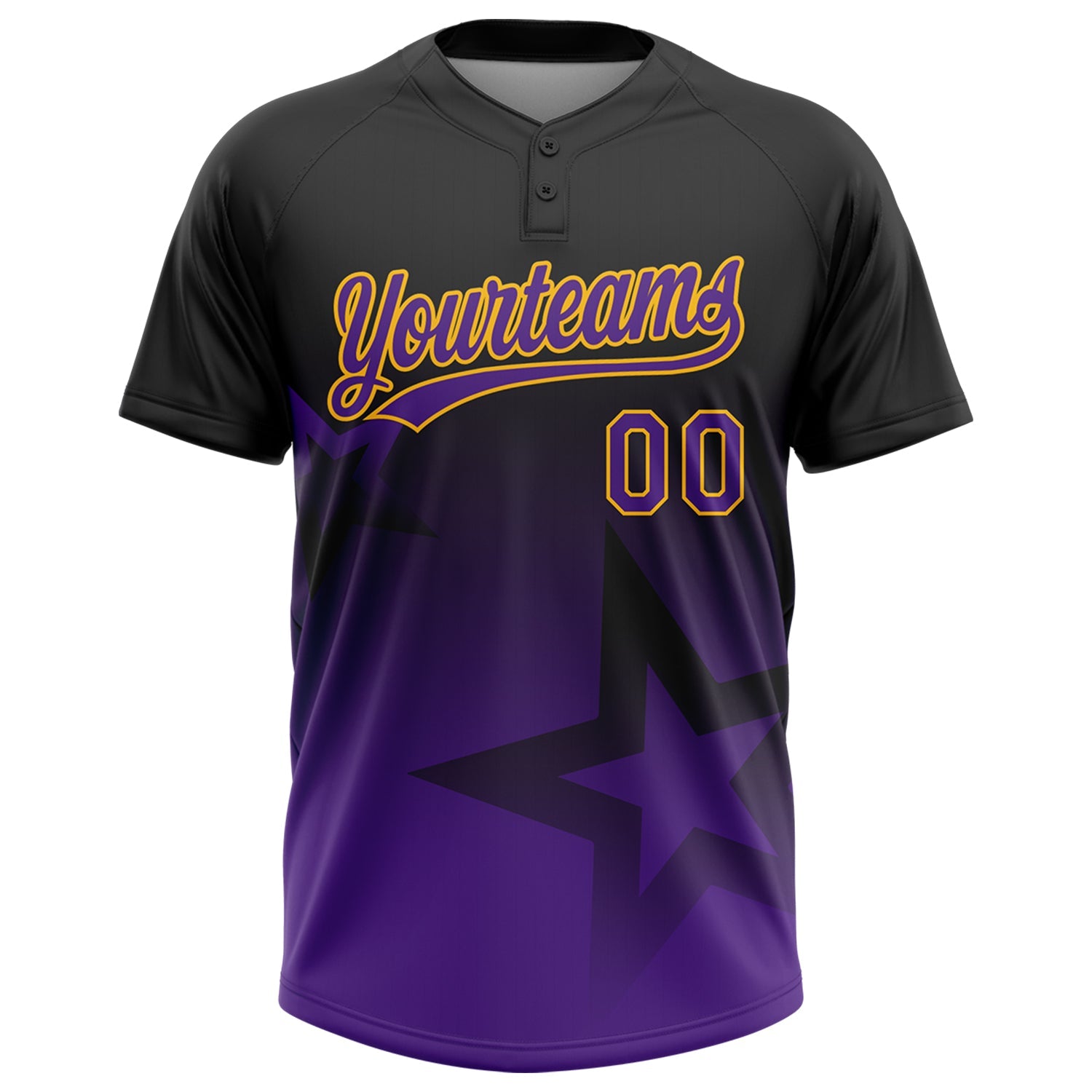 Custom Black Purple-Gold Gradient Style Twinkle Star Two-Button Unisex Softball Jersey view 2