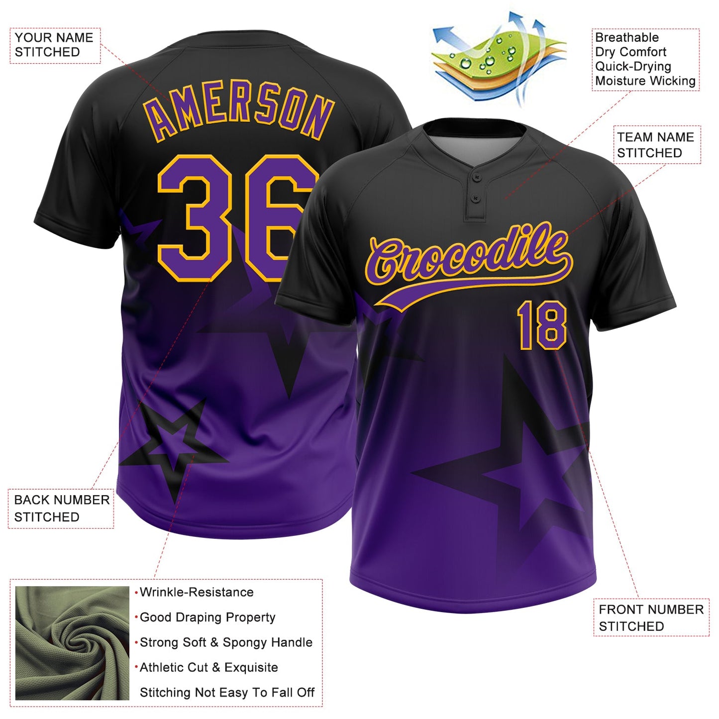 Custom Black Purple-Gold Gradient Style Twinkle Star Two-Button Unisex Softball Jersey view 3
