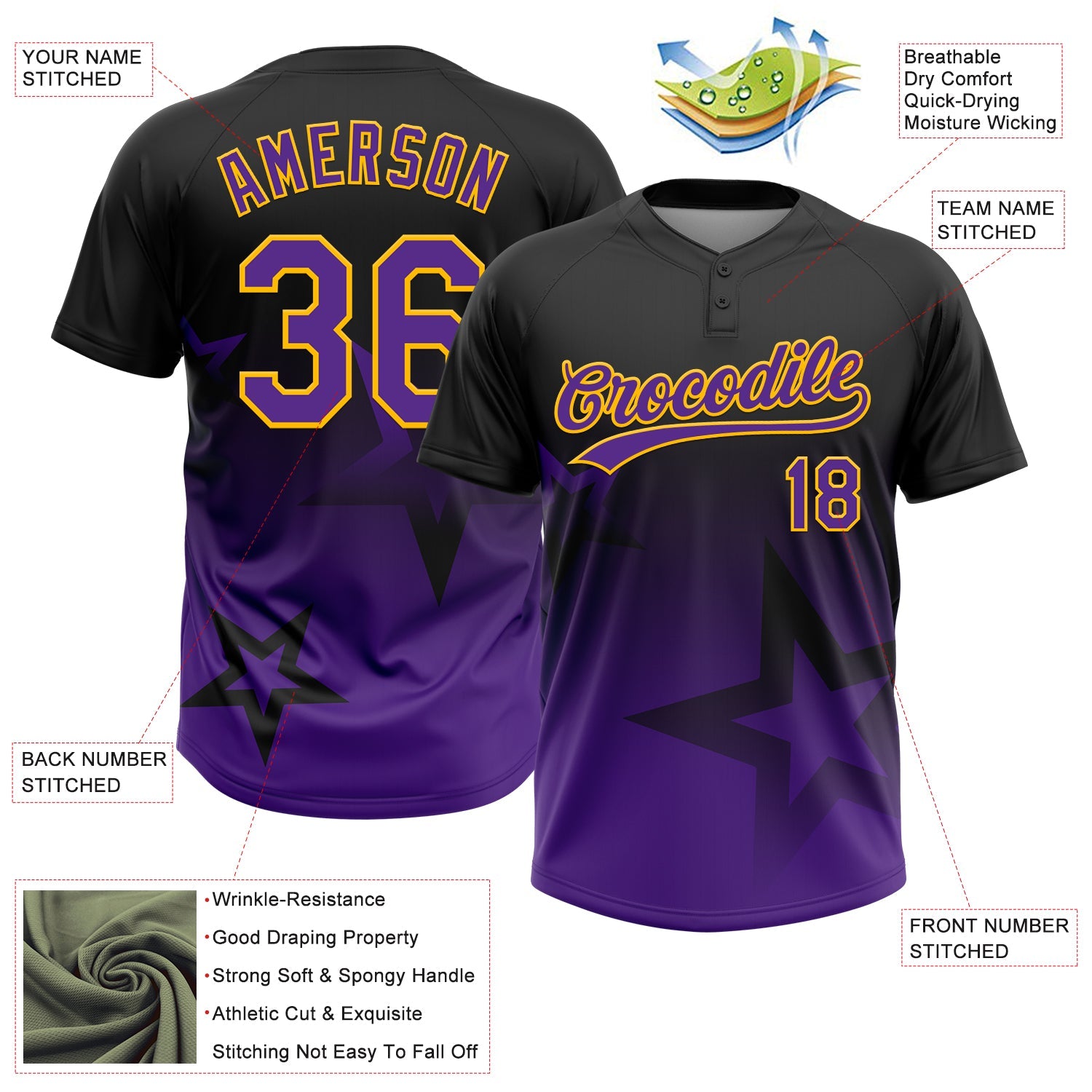Custom Black Purple-Gold Gradient Style Twinkle Star Two-Button Unisex Softball Jersey view 3