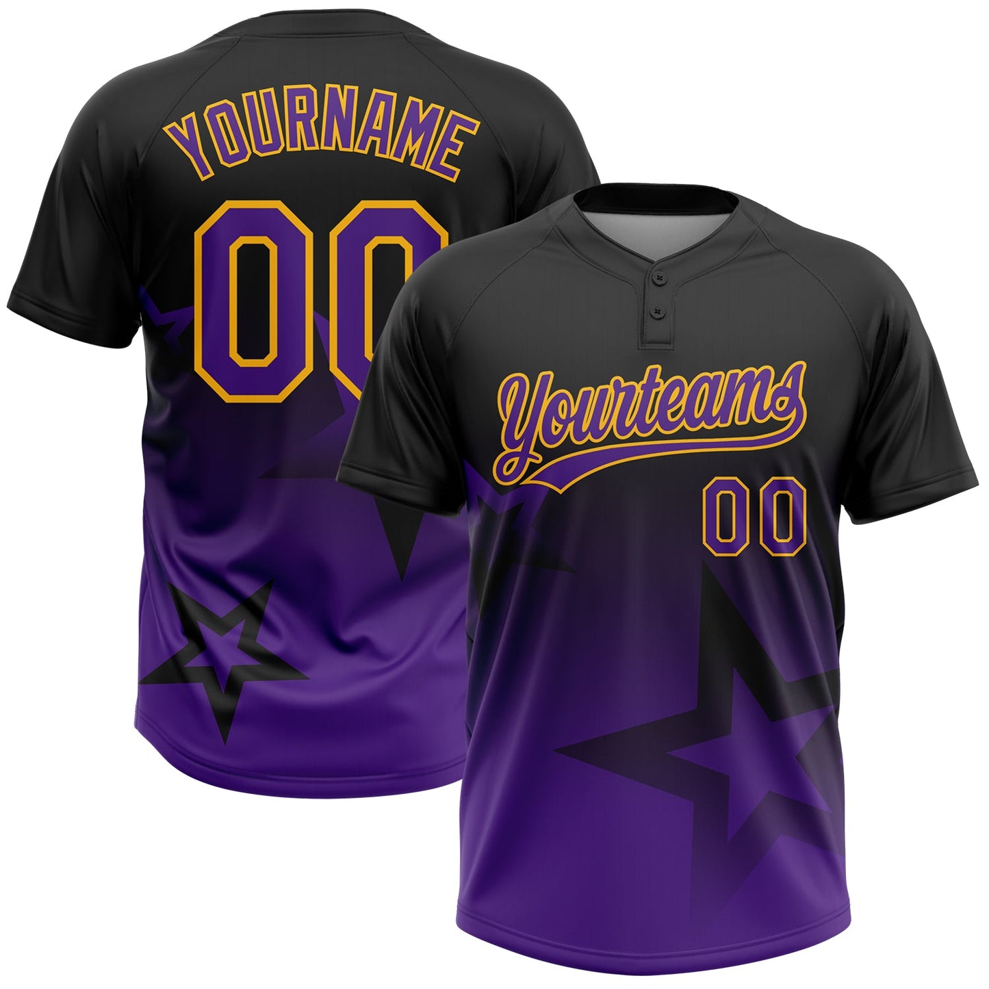 Custom Black Purple-Gold Gradient Style Twinkle Star Two-Button Unisex Softball Jersey - Main View