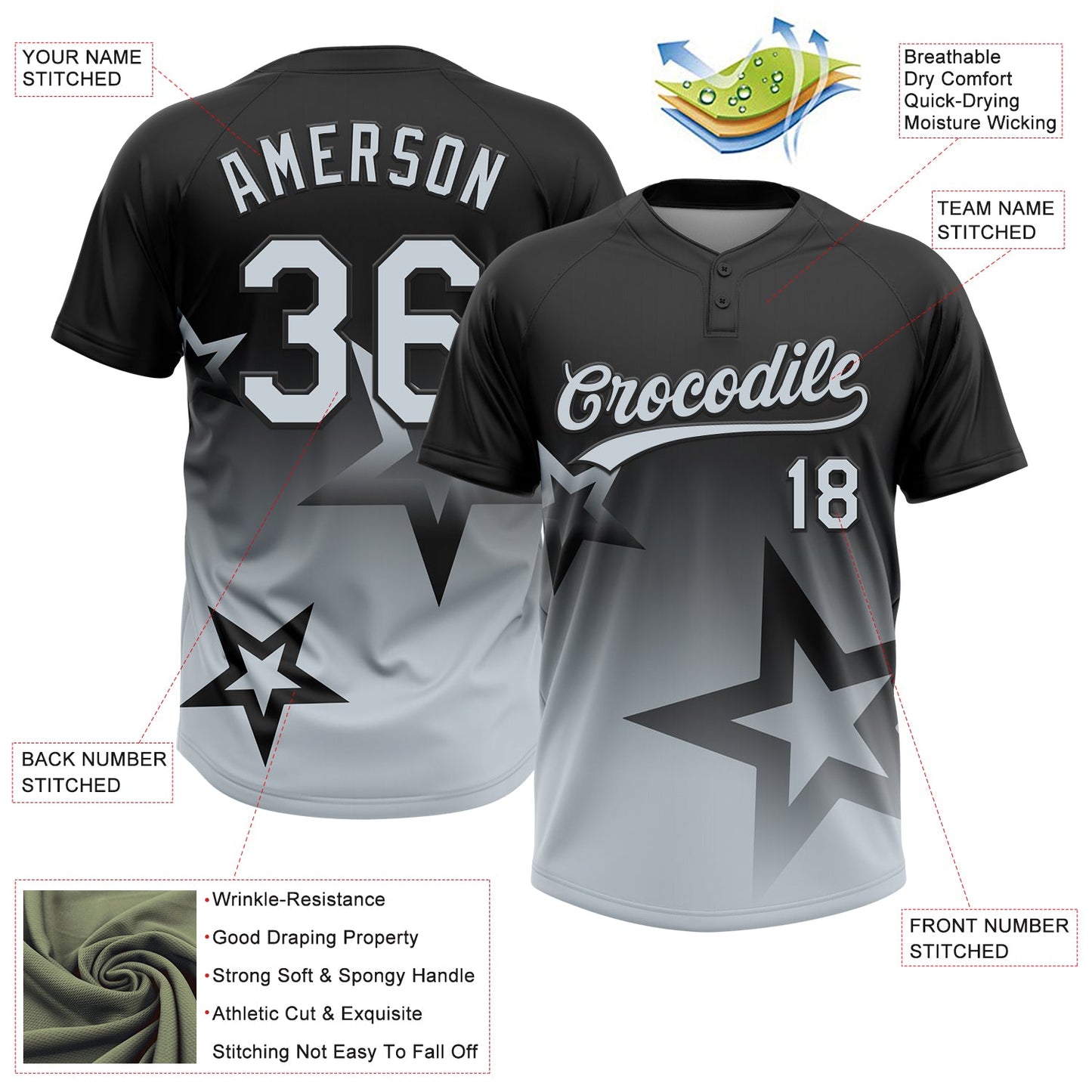 Custom Black Silver Gradient Style Twinkle Star Two-Button Unisex Softball Jersey view 3