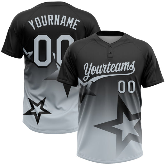 Custom Black Silver Gradient Style Twinkle Star Two-Button Unisex Softball Jersey - Main View
