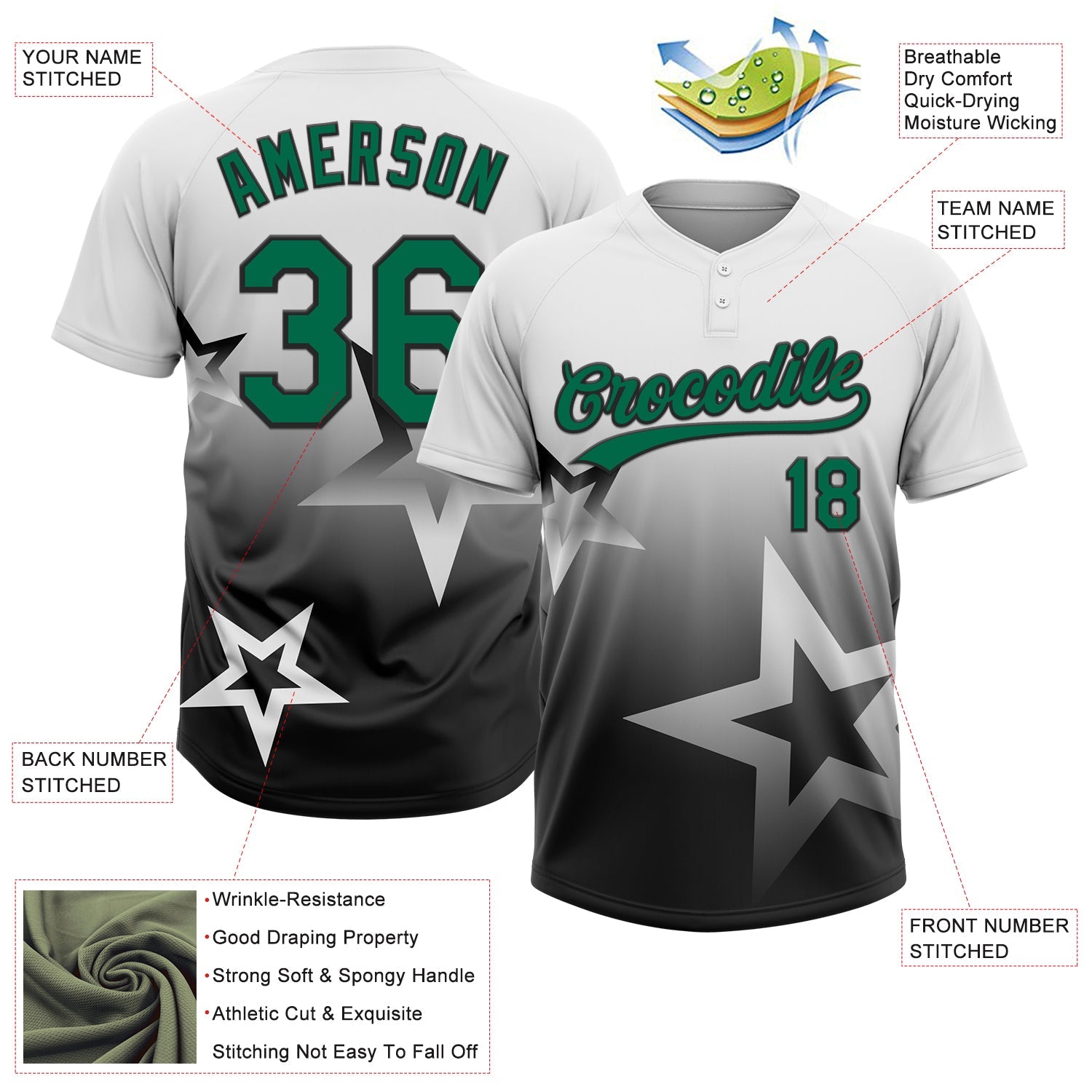 Custom White Kelly Green-Black Gradient Style Twinkle Star Two-Button Unisex Softball Jersey view 3