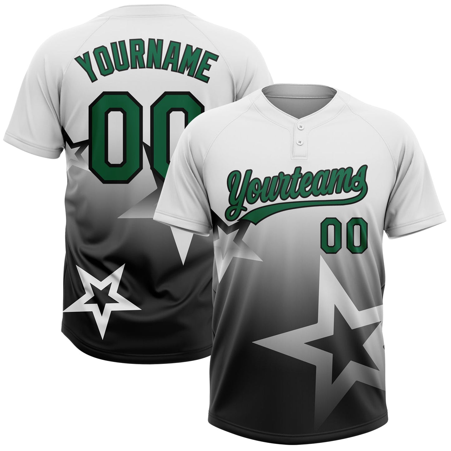 Custom White Kelly Green-Black Gradient Style Twinkle Star Two-Button Unisex Softball Jersey - Main View