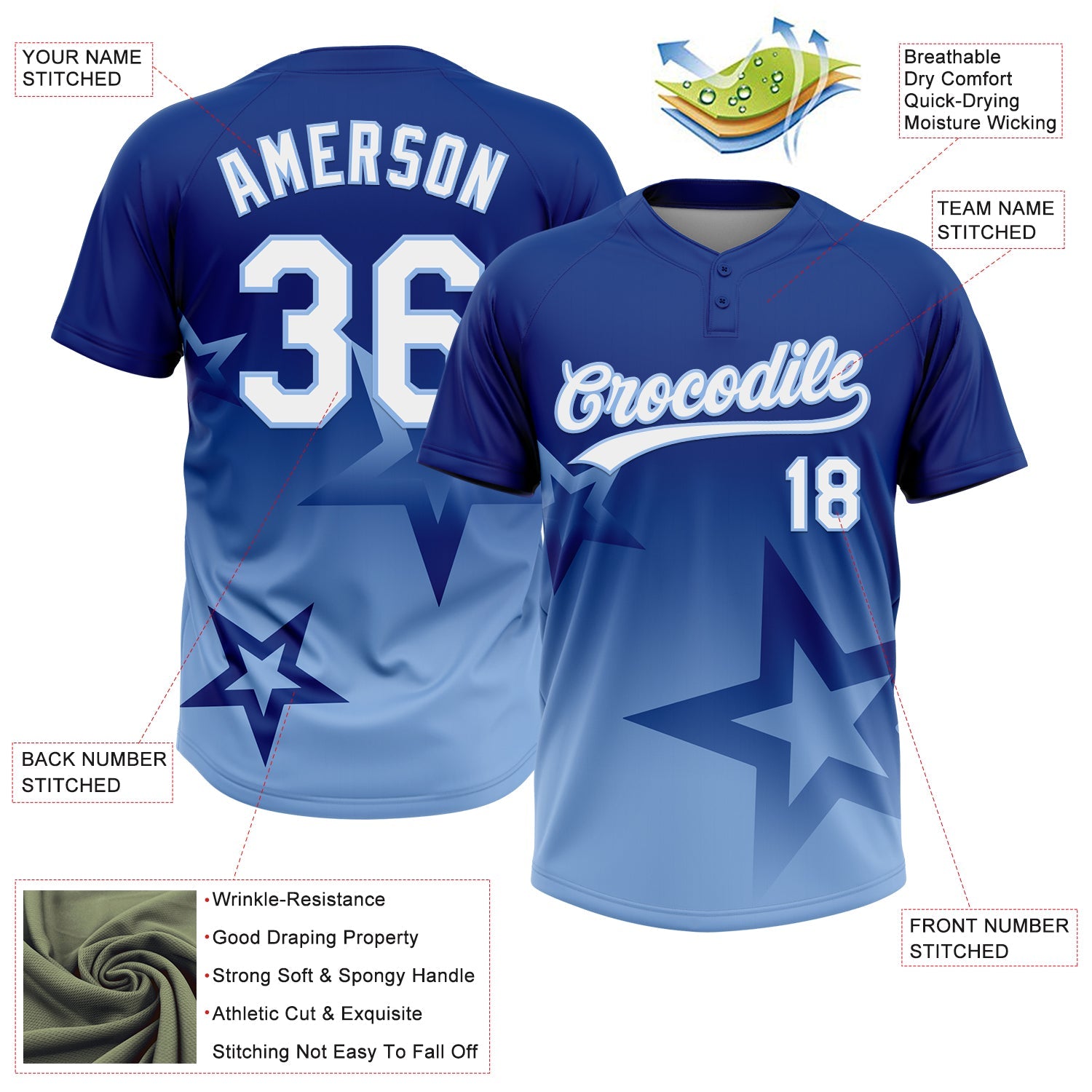 Custom Royal White-Light Blue Gradient Style Twinkle Star Two-Button Unisex Softball Jersey view 3