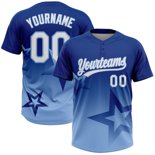 Custom Royal White-Light Blue Gradient Style Twinkle Star Two-Button Unisex Softball Jersey - Main View