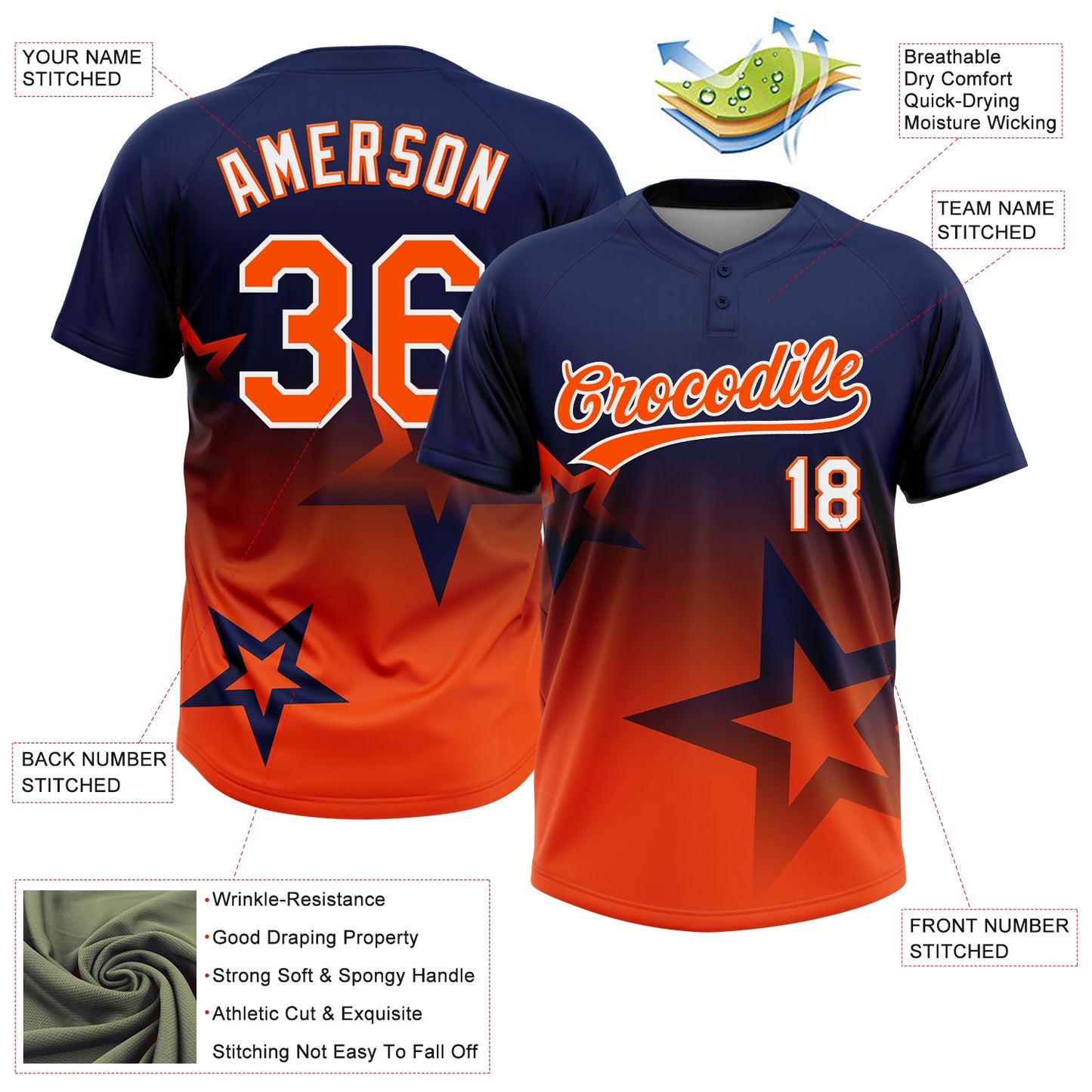 Custom Navy Orange-White Gradient Style Twinkle Star Two-Button Unisex Softball Jersey view 3
