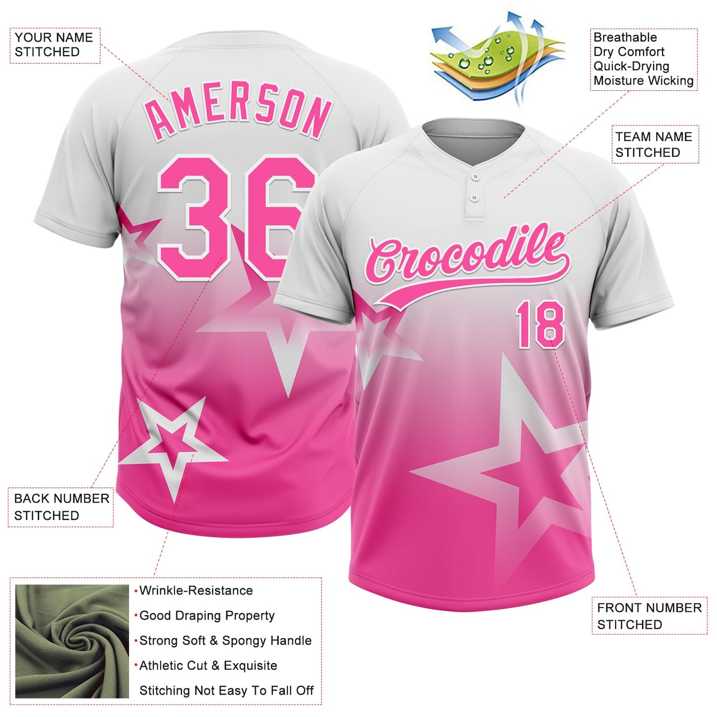 Custom White Pink Gradient Style Twinkle Star Two-Button Unisex Softball Jersey view 3