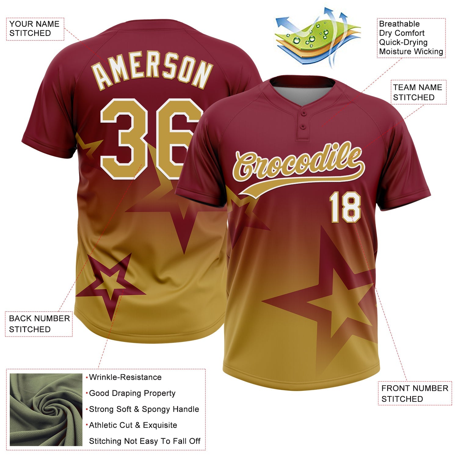 Custom Crimson Old Gold-White Gradient Style Twinkle Star Two-Button Unisex Softball Jersey view 3