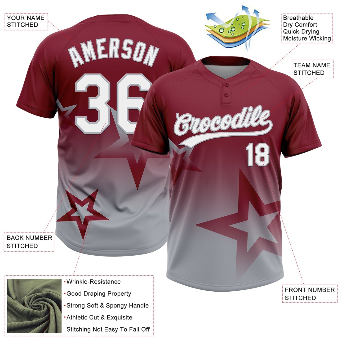 Custom Crimson White-Gray Gradient Style Twinkle Star Two-Button Unisex Softball Jersey view 3