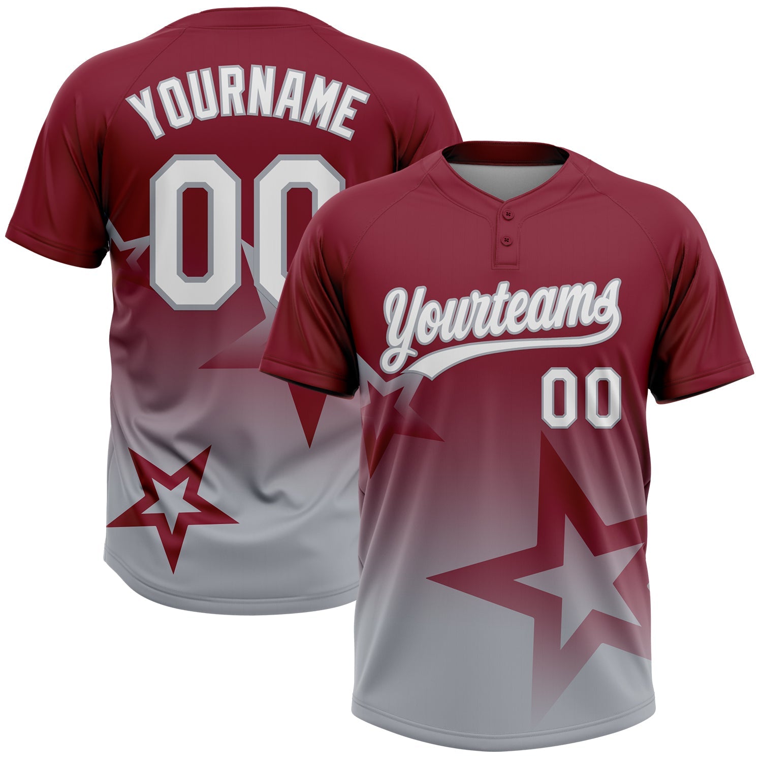 Custom Crimson White-Gray Gradient Style Twinkle Star Two-Button Unisex Softball Jersey - Main View