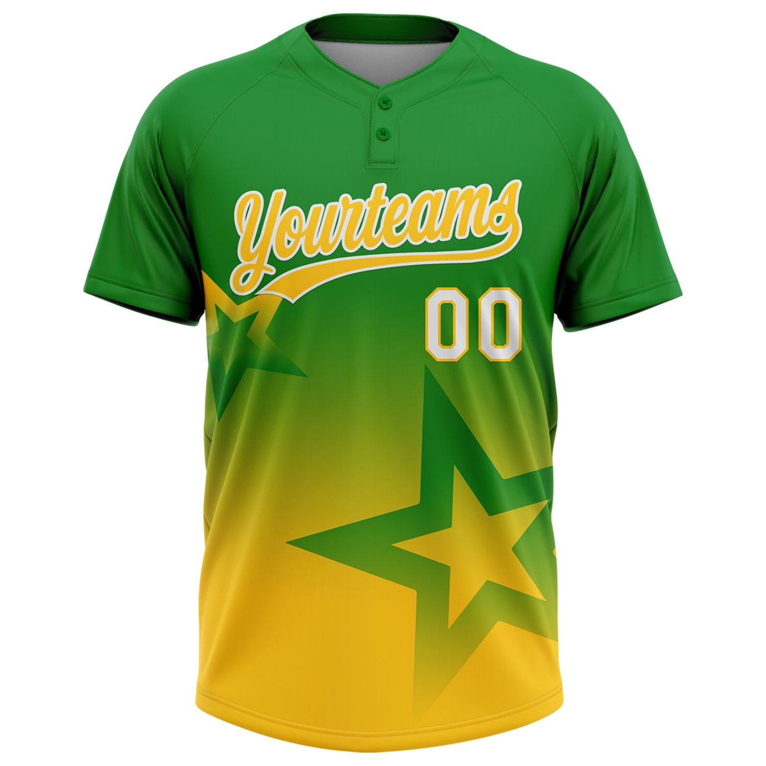 Custom Grass Green Yellow-White Gradient Style Twinkle Star Two-Button Unisex Softball Jersey view 2
