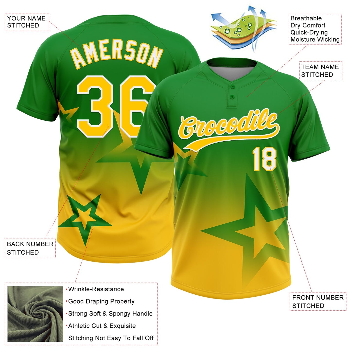 Custom Grass Green Yellow-White Gradient Style Twinkle Star Two-Button Unisex Softball Jersey view 3