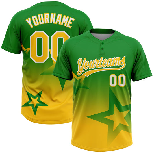 Custom Grass Green Yellow-White Gradient Style Twinkle Star Two-Button Unisex Softball Jersey - Main View