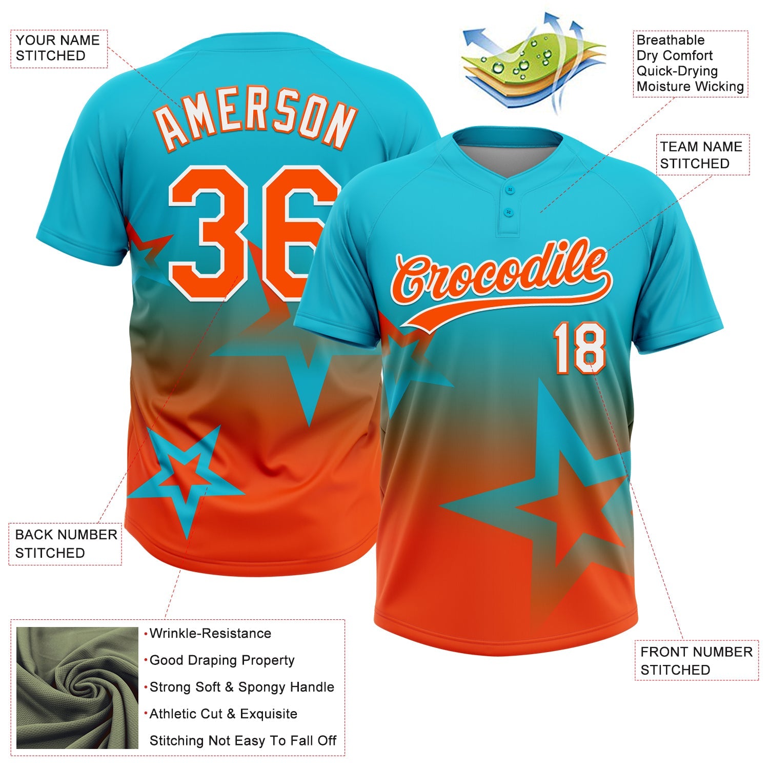 Custom Lakes Blue Orange-White Gradient Style Twinkle Star Two-Button Unisex Softball Jersey view 3