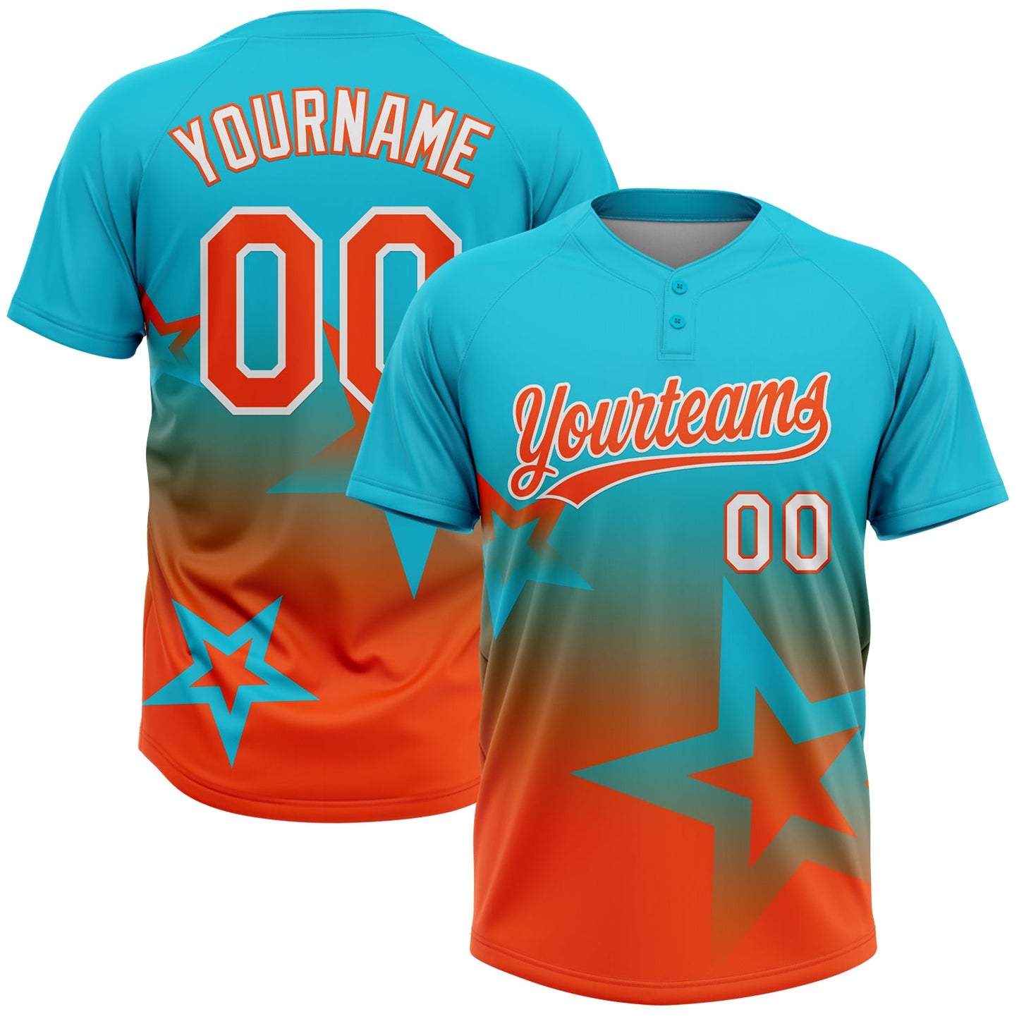 Custom Lakes Blue Orange-White Gradient Style Twinkle Star Two-Button Unisex Softball Jersey - Main View
