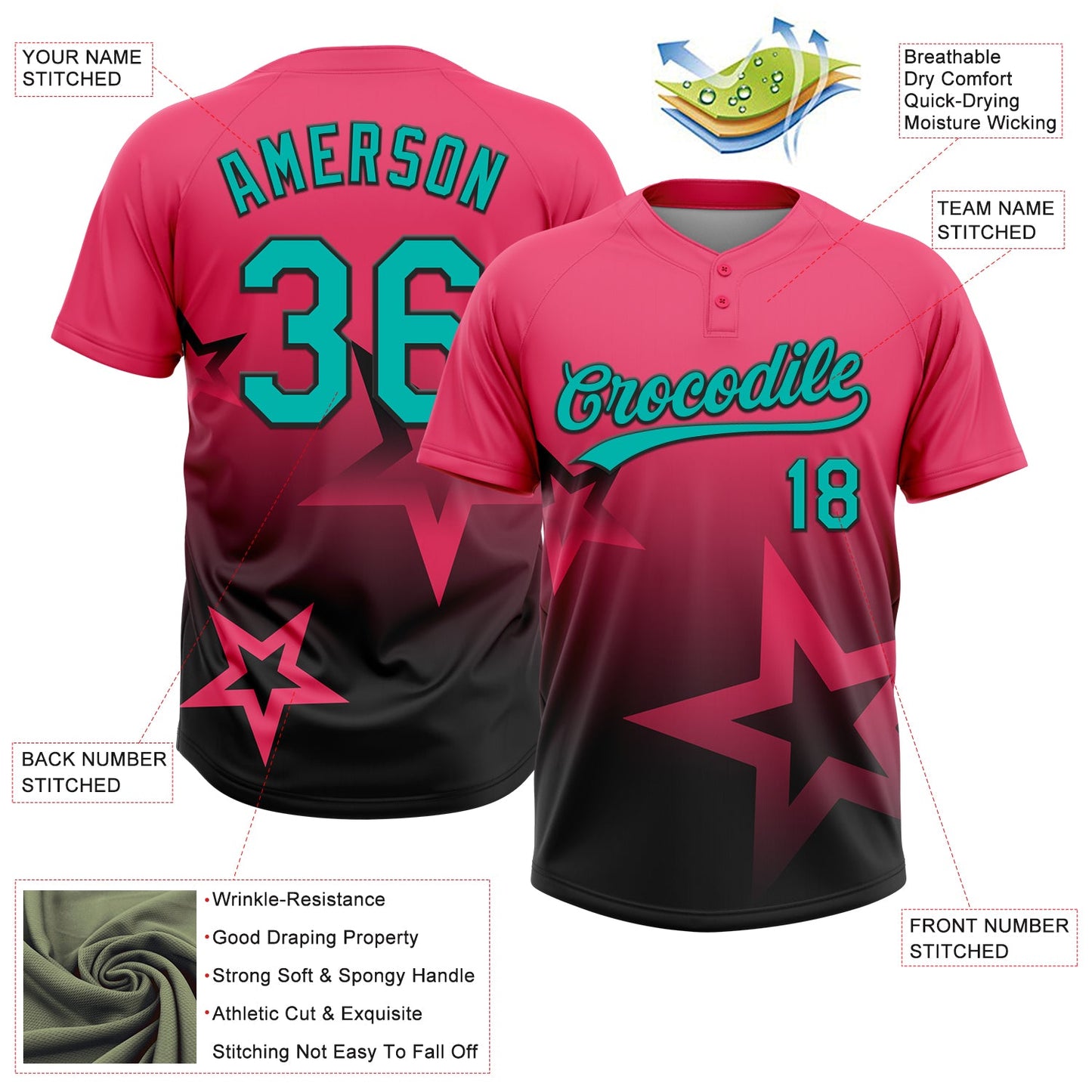 Custom Neon Pink Aqua-White Gradient Style Twinkle Star Two-Button Unisex Softball Jersey view 3