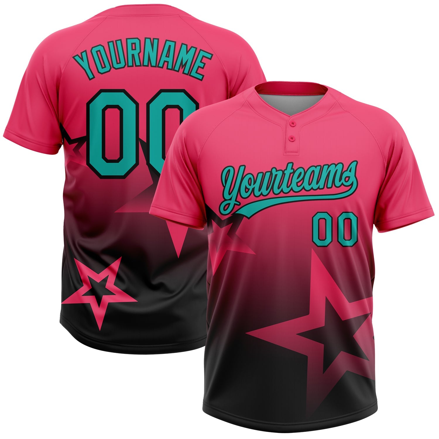 Custom Neon Pink Aqua-White Gradient Style Twinkle Star Two-Button Unisex Softball Jersey - Main View