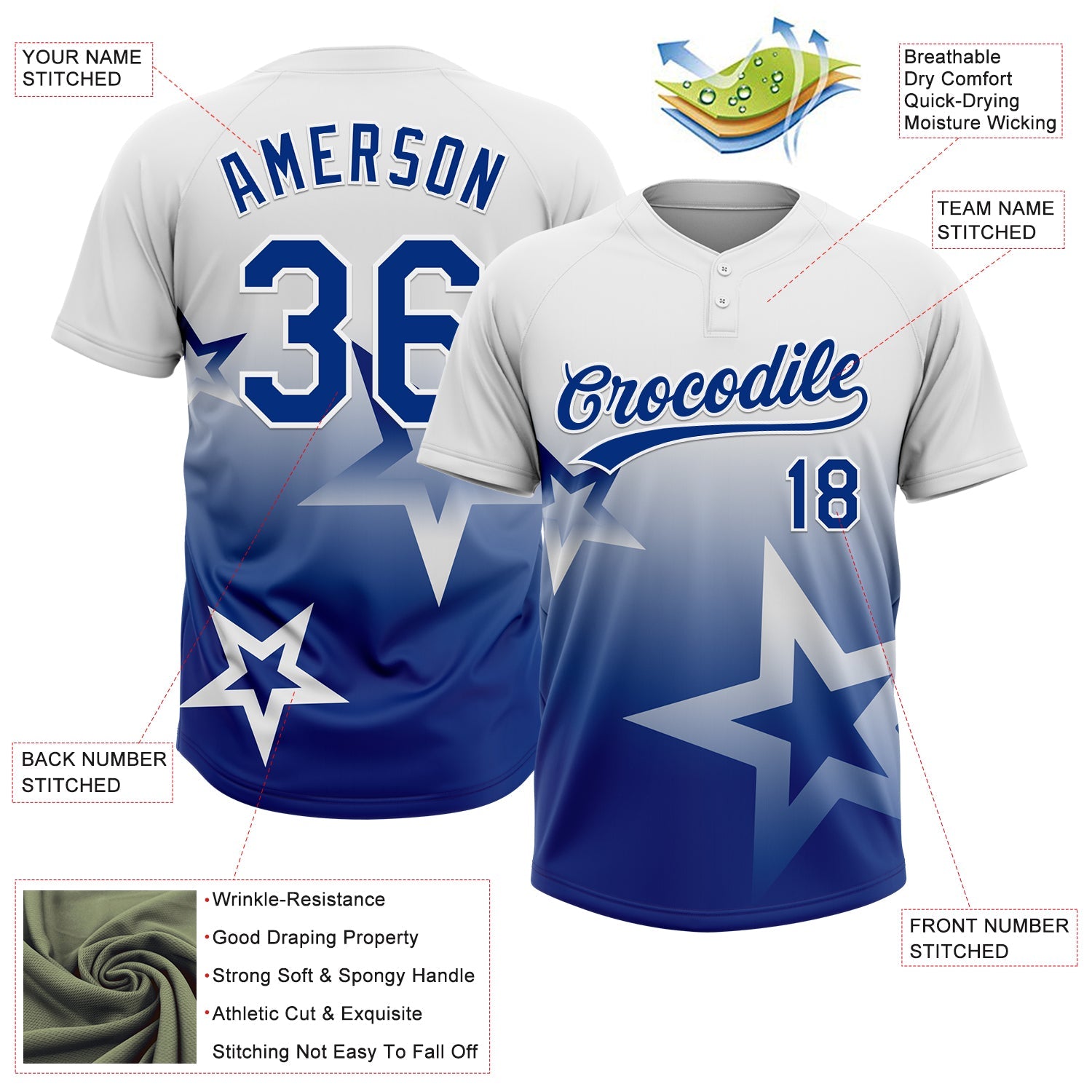 Custom White Royal Gradient Style Twinkle Star Two-Button Unisex Softball Jersey view 3