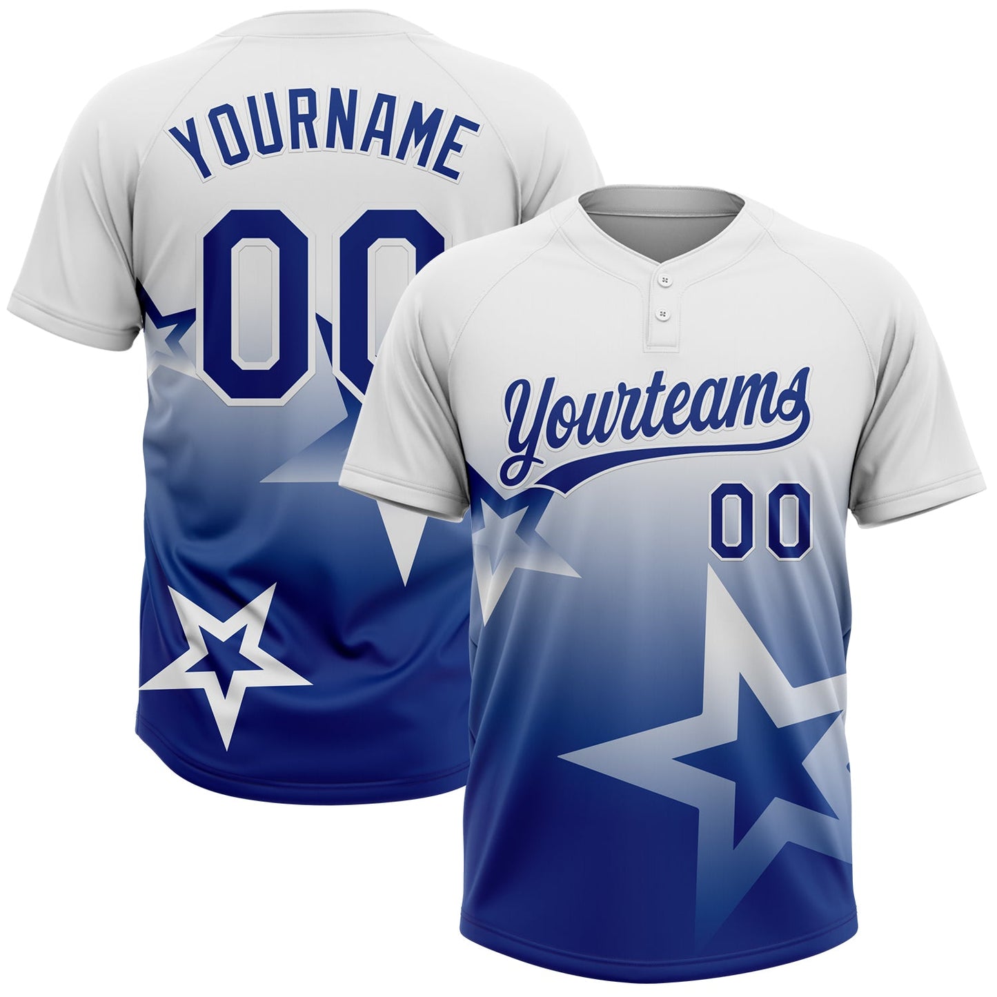 Custom White Royal Gradient Style Twinkle Star Two-Button Unisex Softball Jersey - Main View
