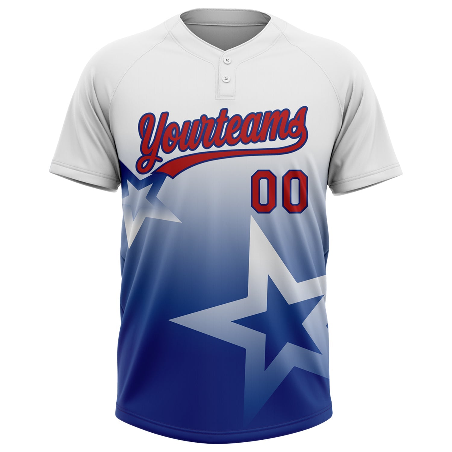 Custom White Red-Royal Gradient Style Twinkle Star Two-Button Unisex Softball Jersey view 2