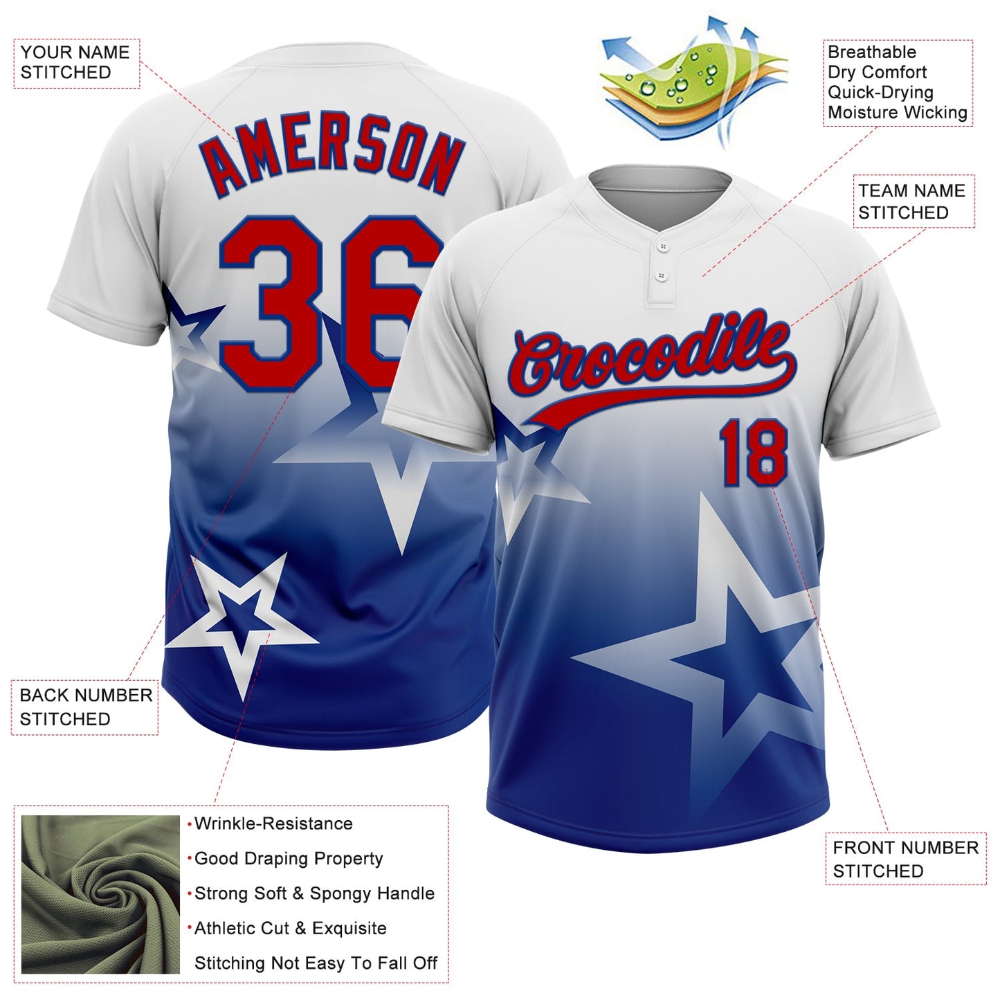 Custom White Red-Royal Gradient Style Twinkle Star Two-Button Unisex Softball Jersey view 3