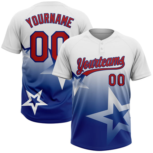 Custom White Red-Royal Gradient Style Twinkle Star Two-Button Unisex Softball Jersey - Main View