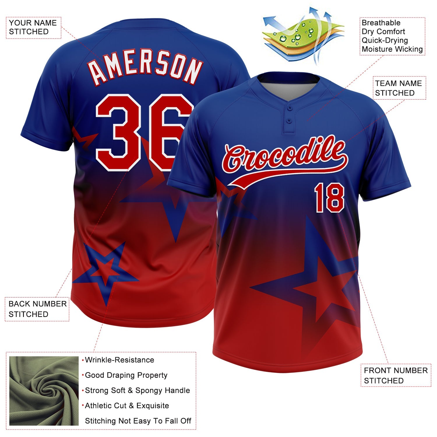 Custom Royal Red-White Gradient Style Twinkle Star Two-Button Unisex Softball Jersey view 3