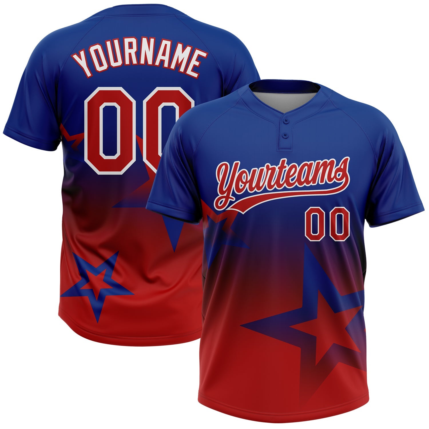 Custom Royal Red-White Gradient Style Twinkle Star Two-Button Unisex Softball Jersey - Main View