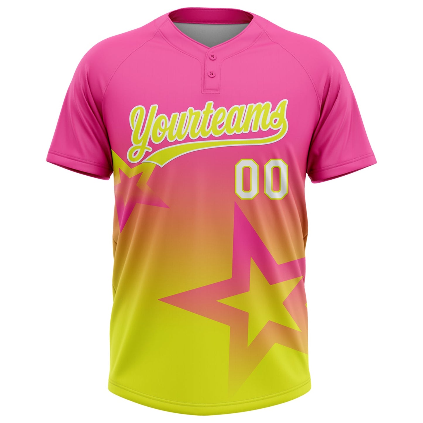 Custom Pink Neon Yellow-White Gradient Style Twinkle Star Two-Button Unisex Softball Jersey view 2