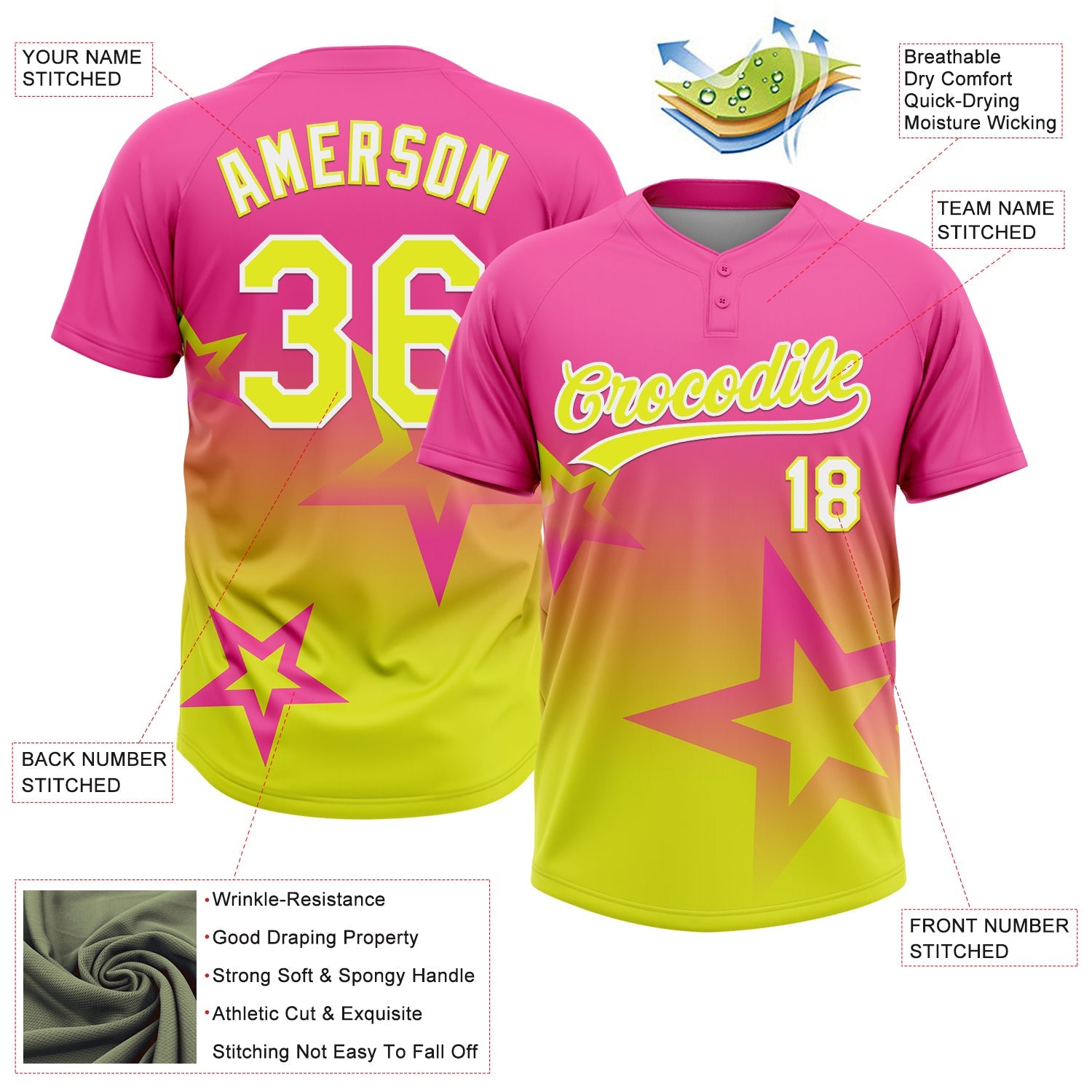 Custom Pink Neon Yellow-White Gradient Style Twinkle Star Two-Button Unisex Softball Jersey view 3