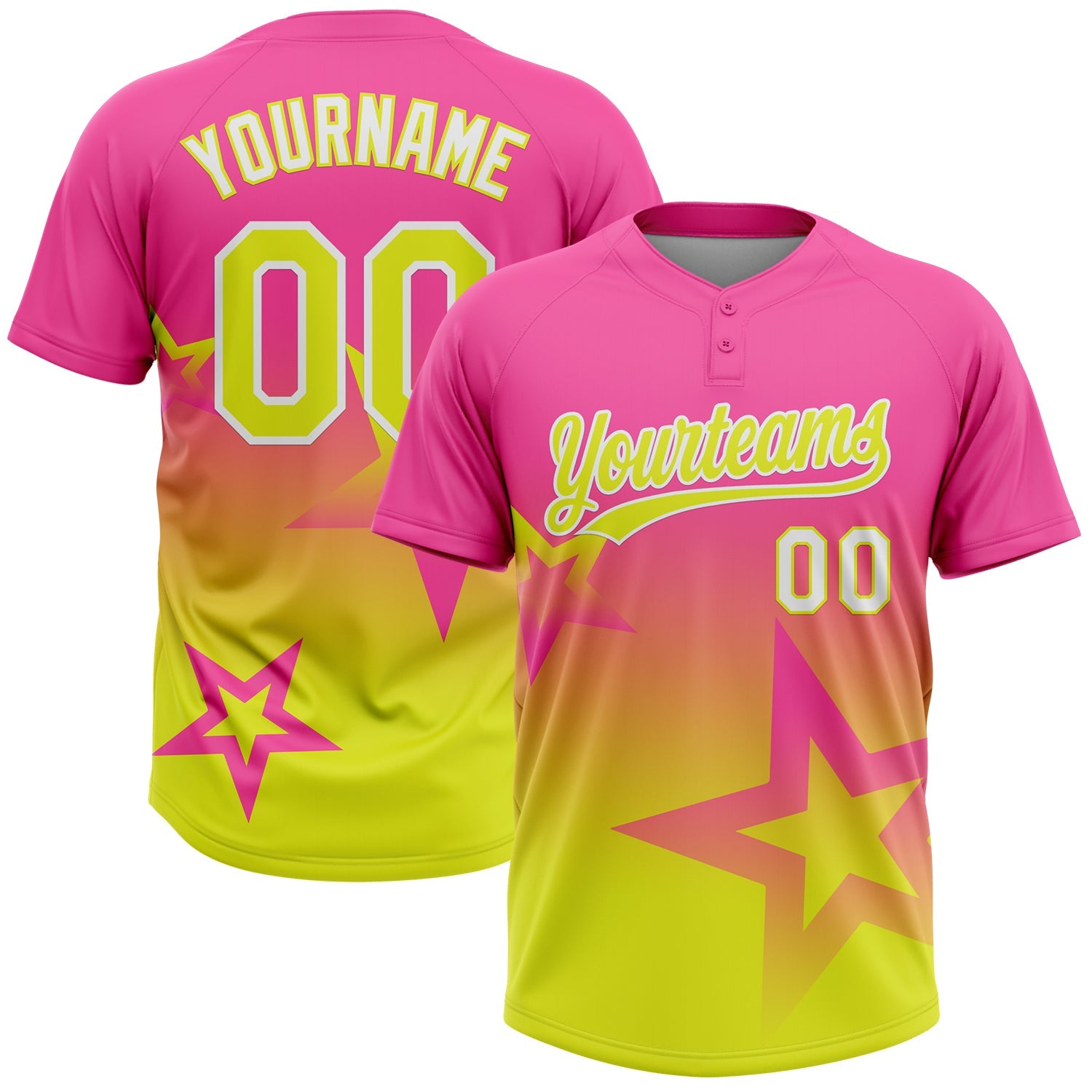 Custom Pink Neon Yellow-White Gradient Style Twinkle Star Two-Button Unisex Softball Jersey - Main View