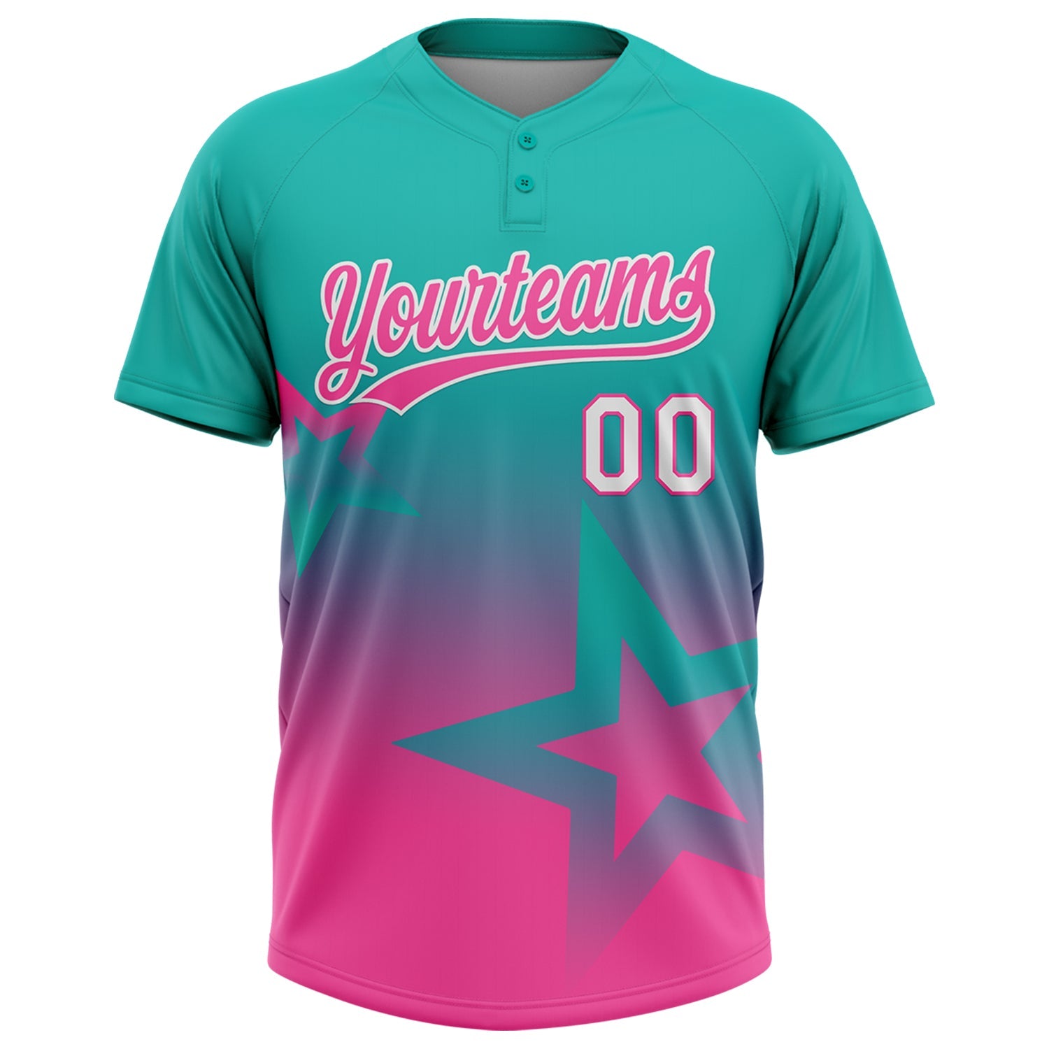 Custom Aqua Pink-White Gradient Style Twinkle Star Two-Button Unisex Softball Jersey view 2