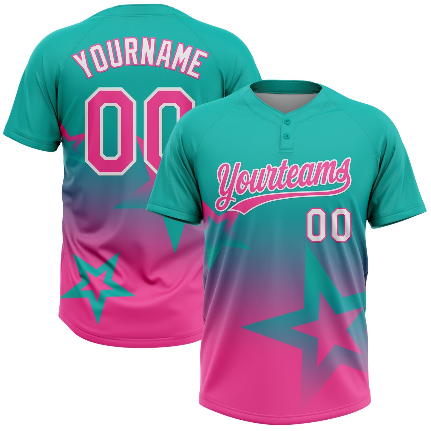 Custom Aqua Pink-White Gradient Style Twinkle Star Two-Button Unisex Softball Jersey - Main View