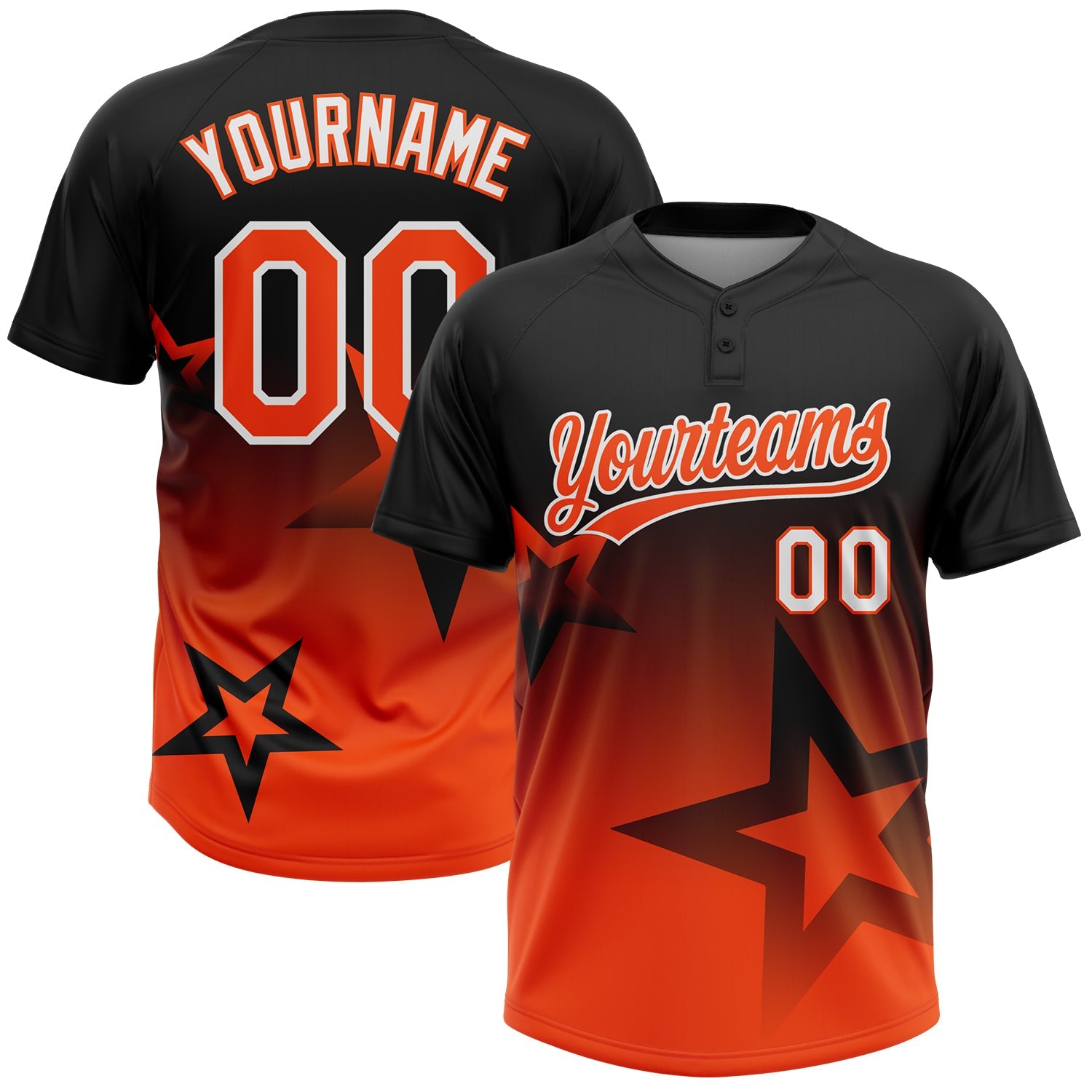 Custom Black Orange-White Gradient Style Twinkle Star Two-Button Unisex Softball Jersey - Main View