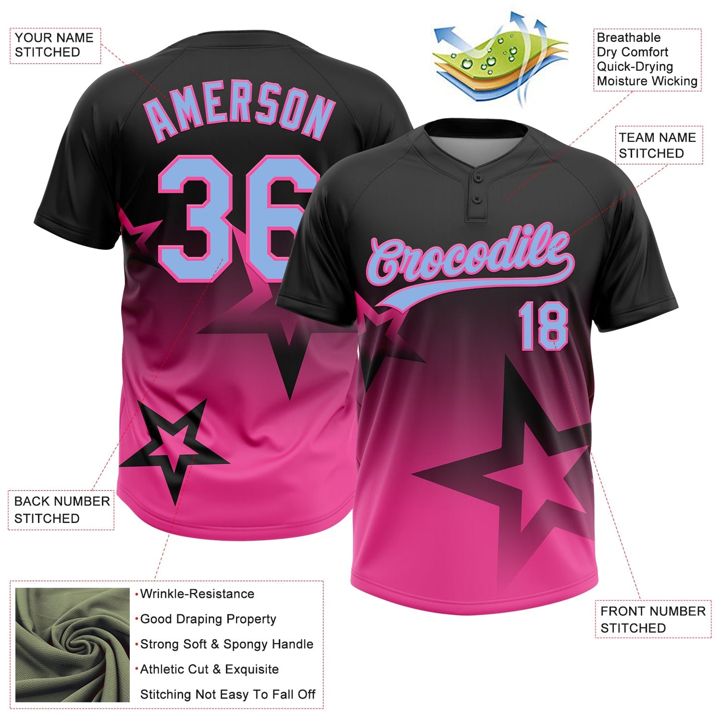 Custom Black Light Blue-Pink Gradient Style Twinkle Star Two-Button Unisex Softball Jersey view 3